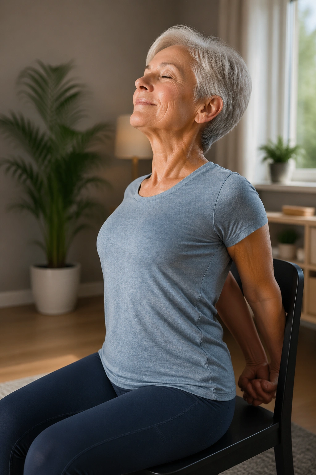 Senior in seated chest opener with clasped hands