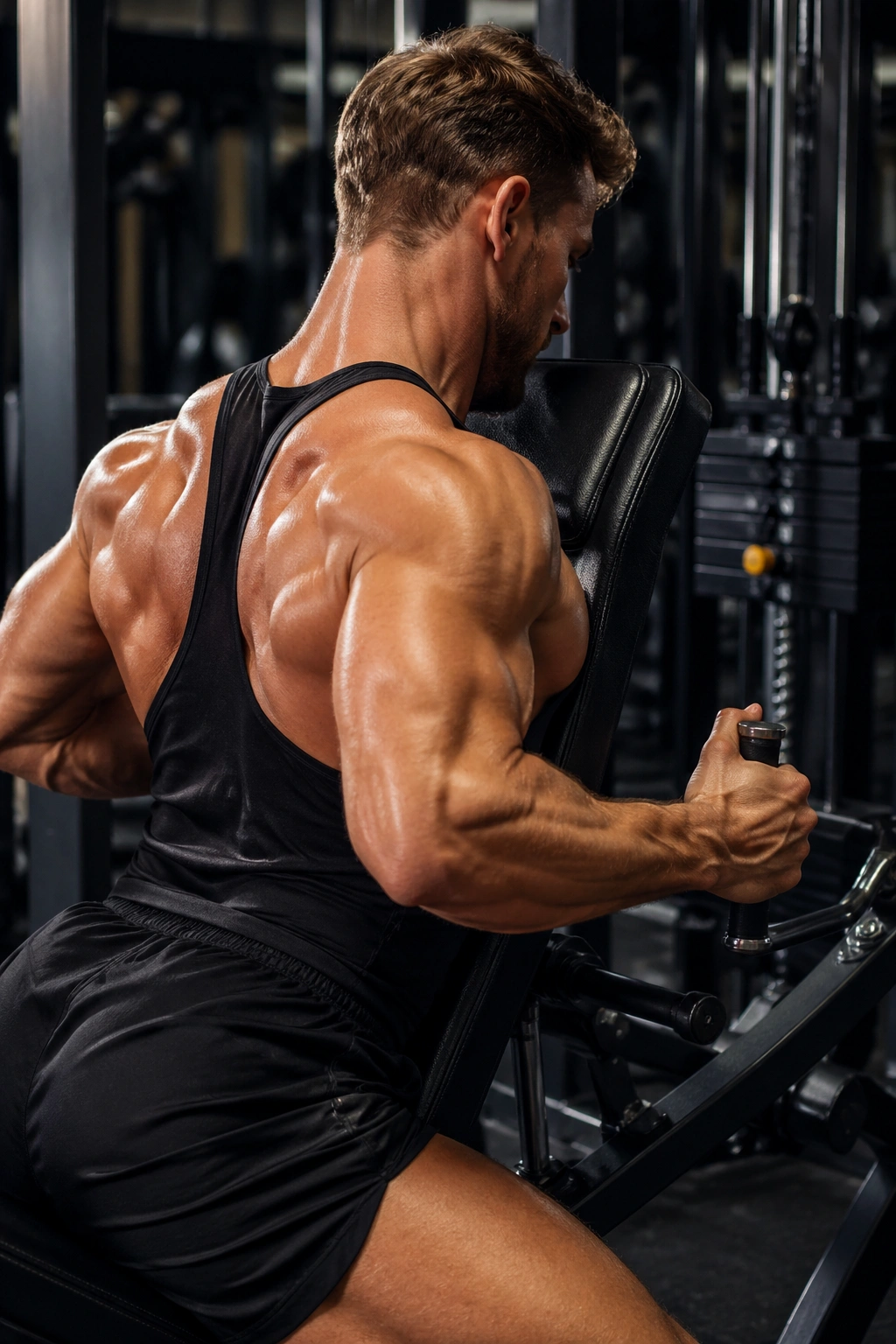 Close-up of lifter performing chest-supported row showing mid-back engagement in a gym