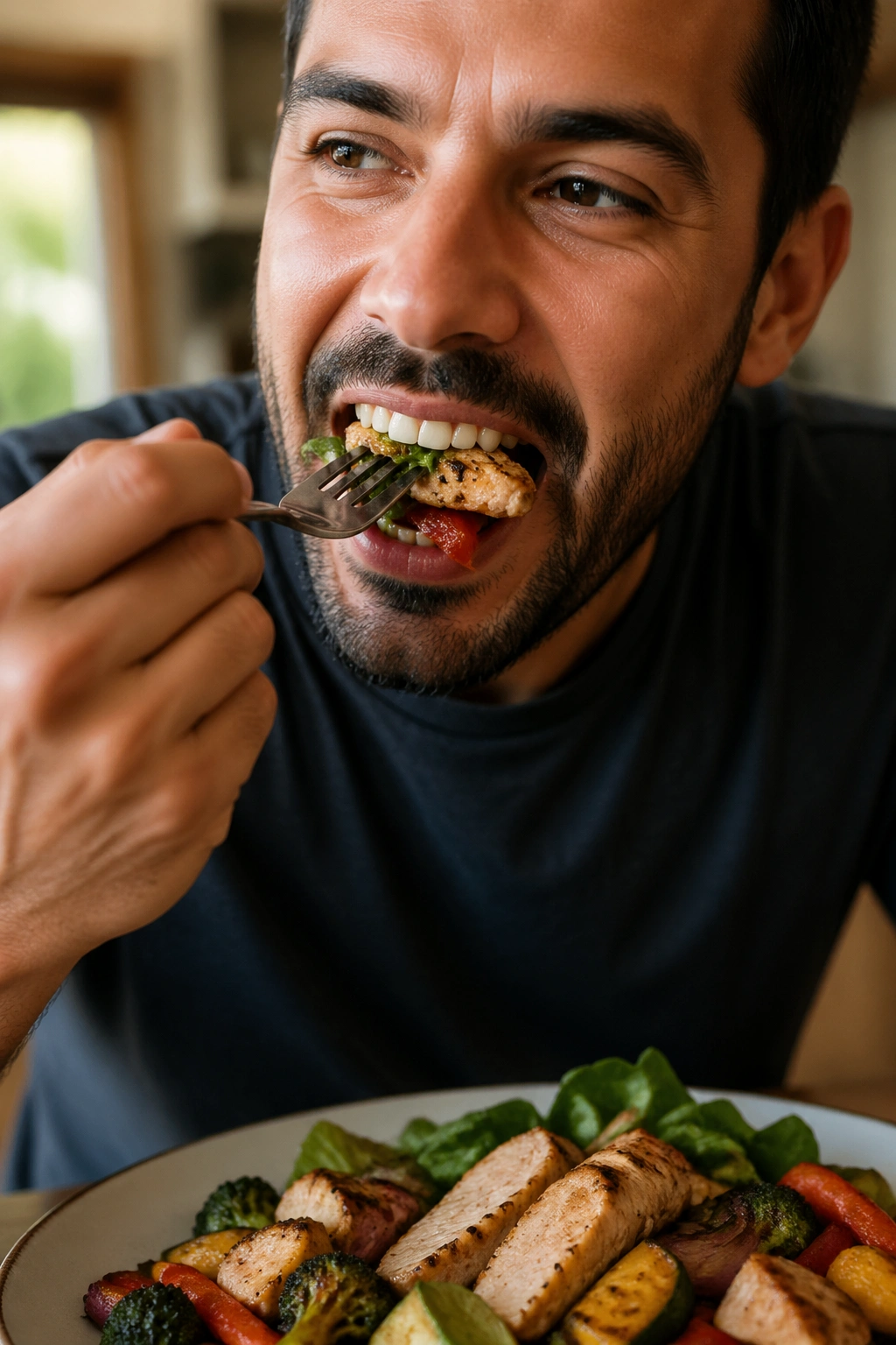 Close-up of a man chewing solid food in a kitchen