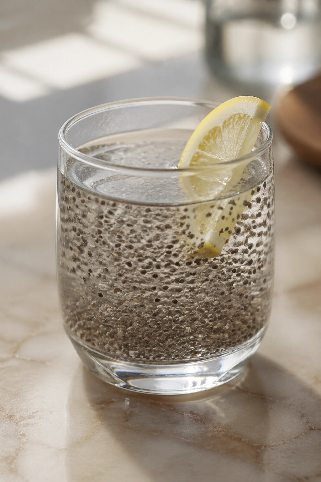 Glass of water with swollen chia seeds and lemon wedge.