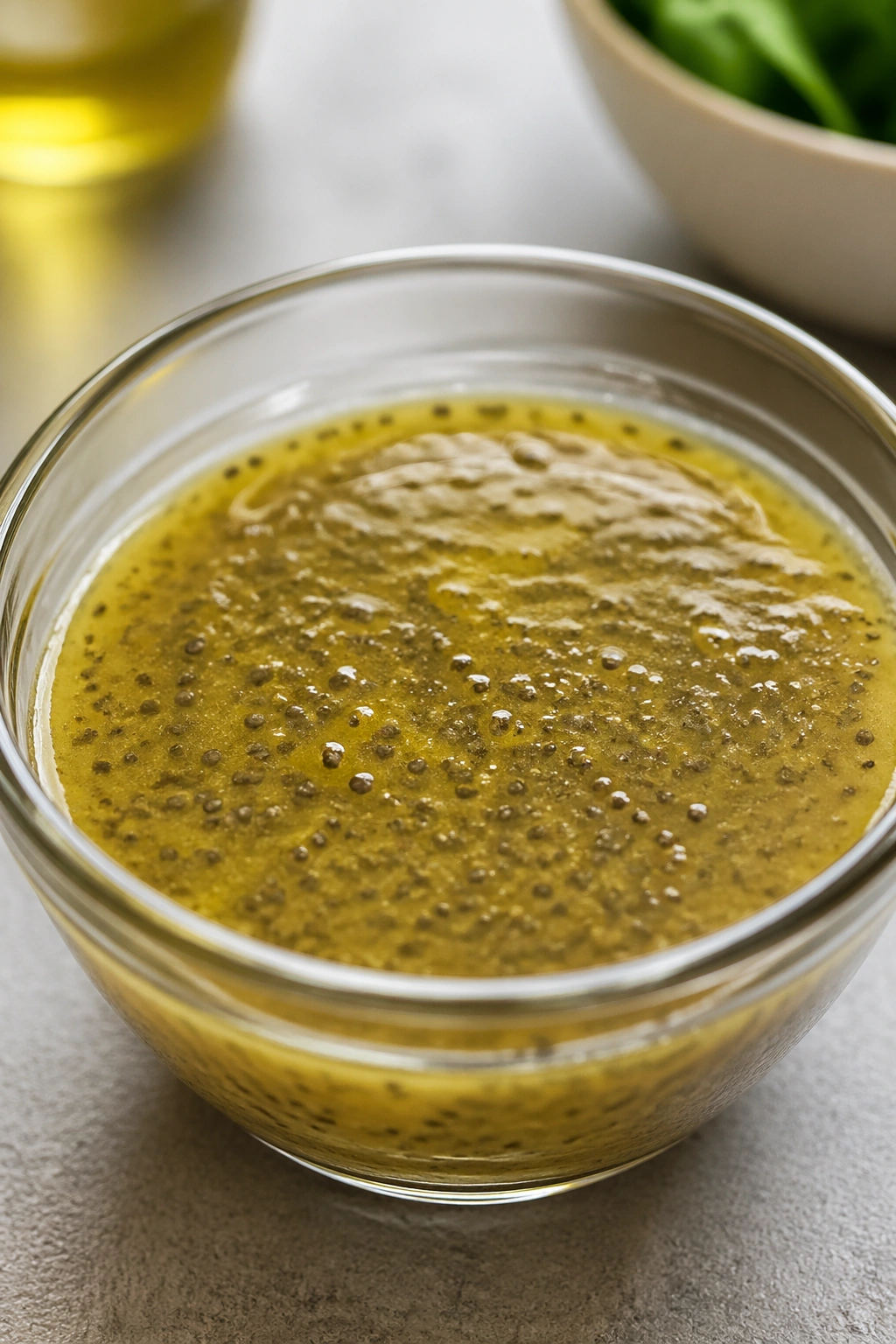Chia-thickened vinaigrette in glass bowl on kitchen counter