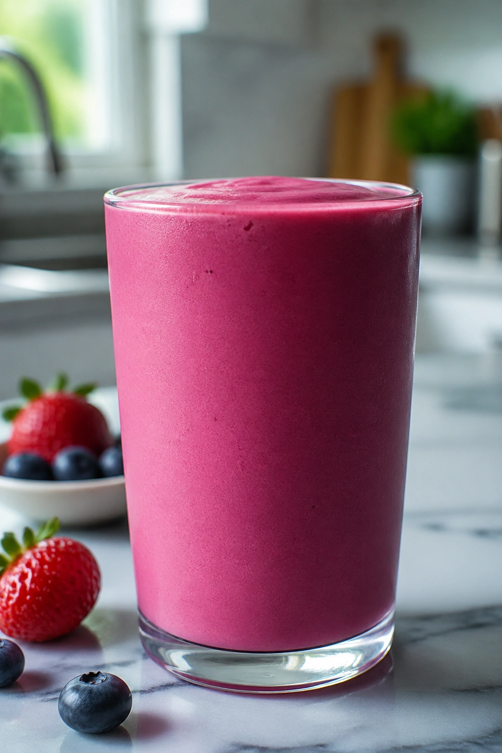 Thick smoothie in a glass with no visible chia seeds.
