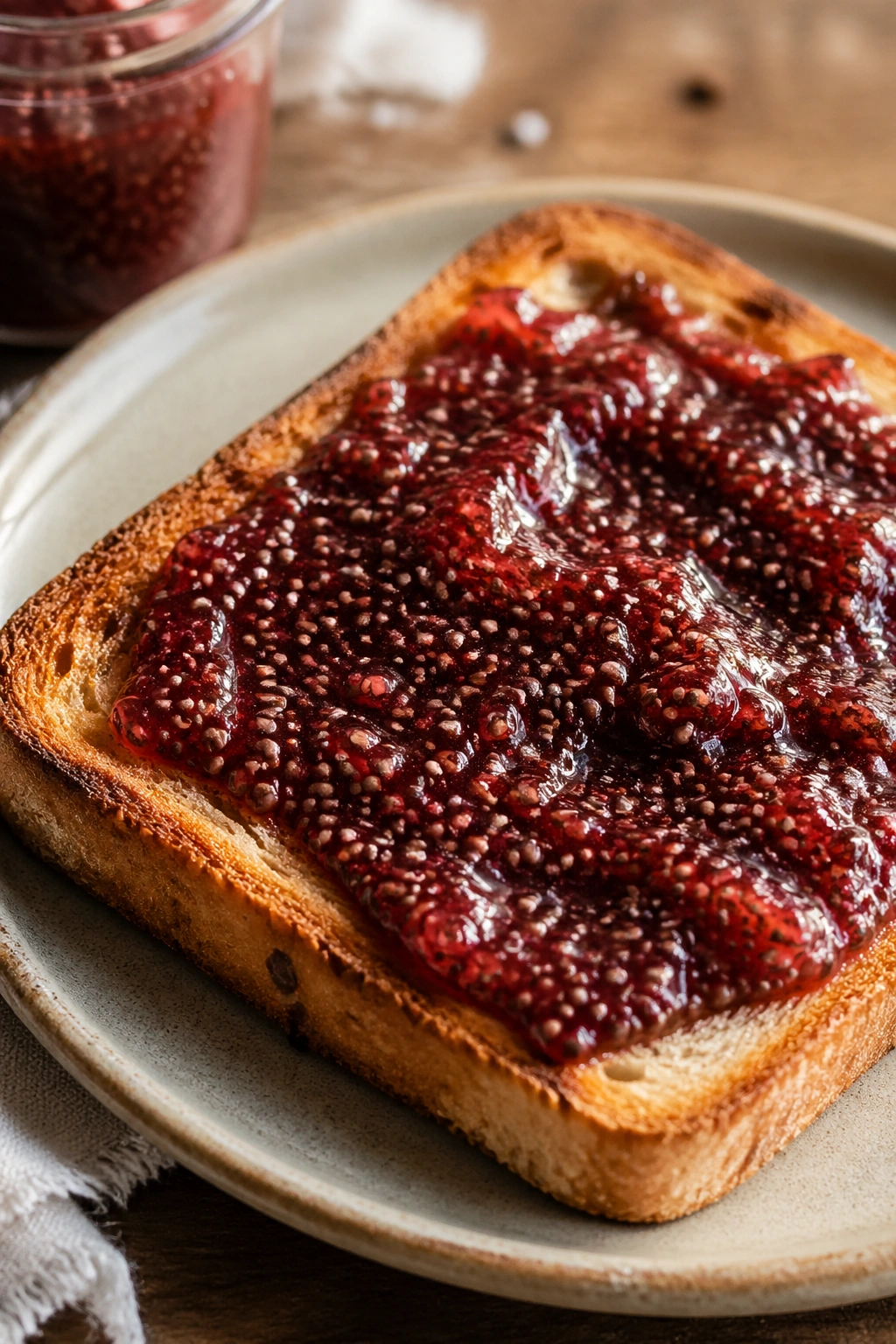 Toast with chia jam on a wooden board