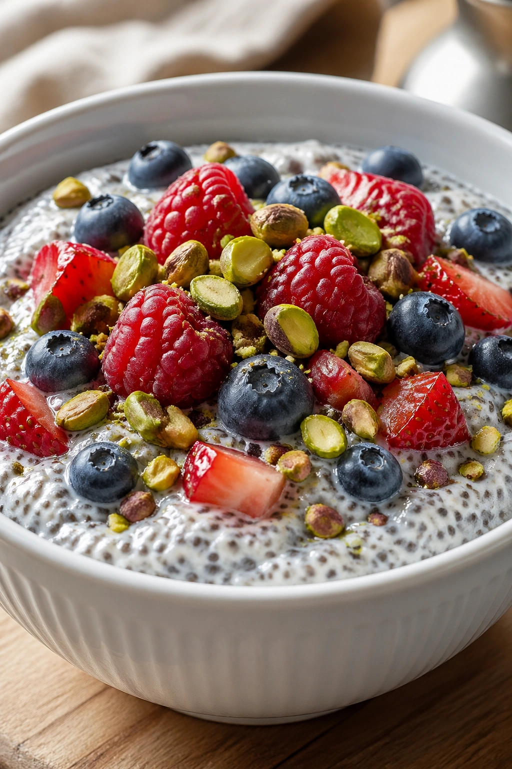 Close-up of thick chia-kefir pudding with berries in a bowl on a wooden counter