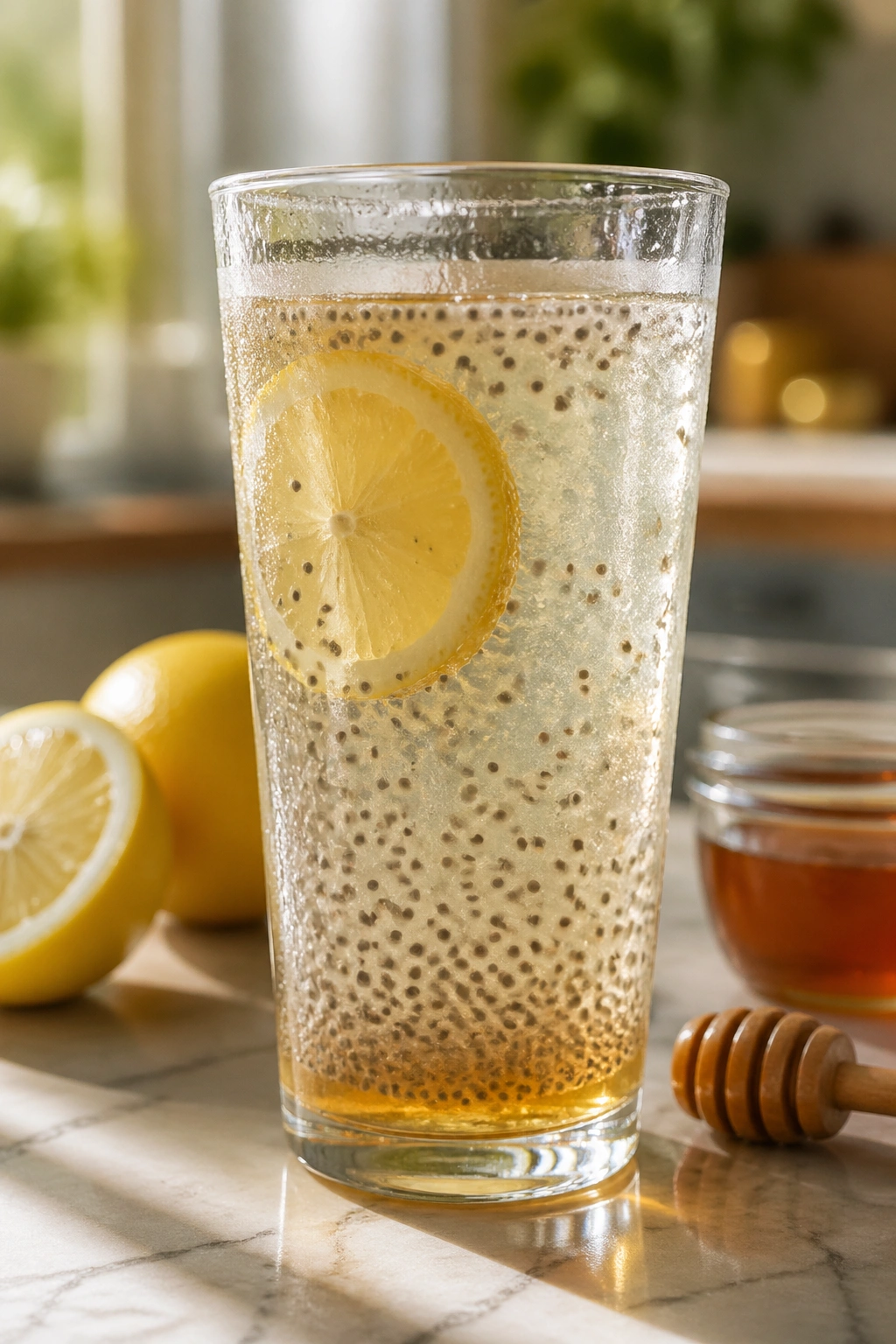 Tall glass of chia lemon honey drink with visible chia seeds.