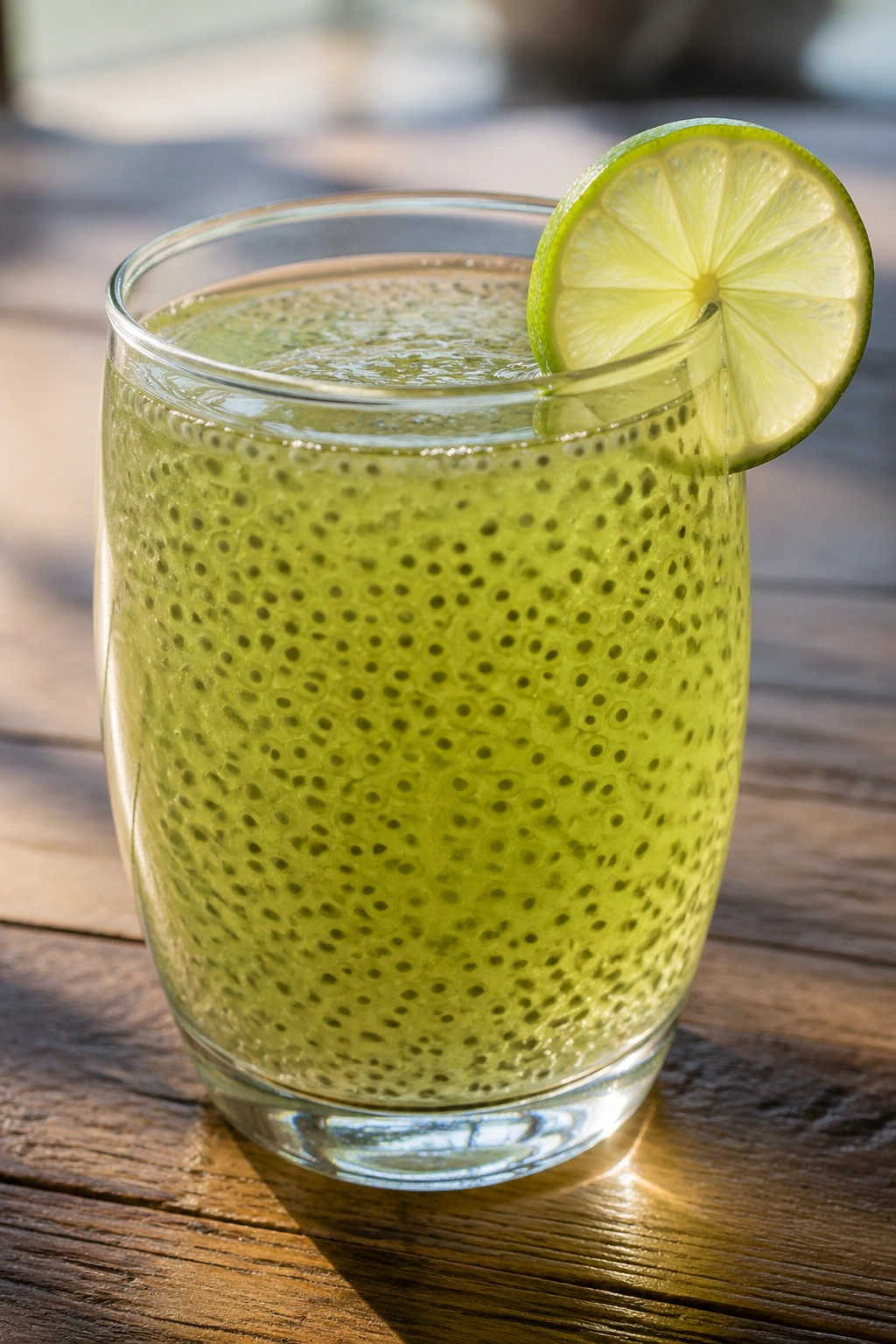 Glass of chia lime green tea refresher with gelled chia seeds and lime slice