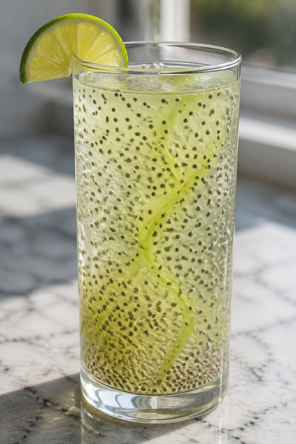 Tall glass of chia lime water with swollen chia seeds and lime wedge.
