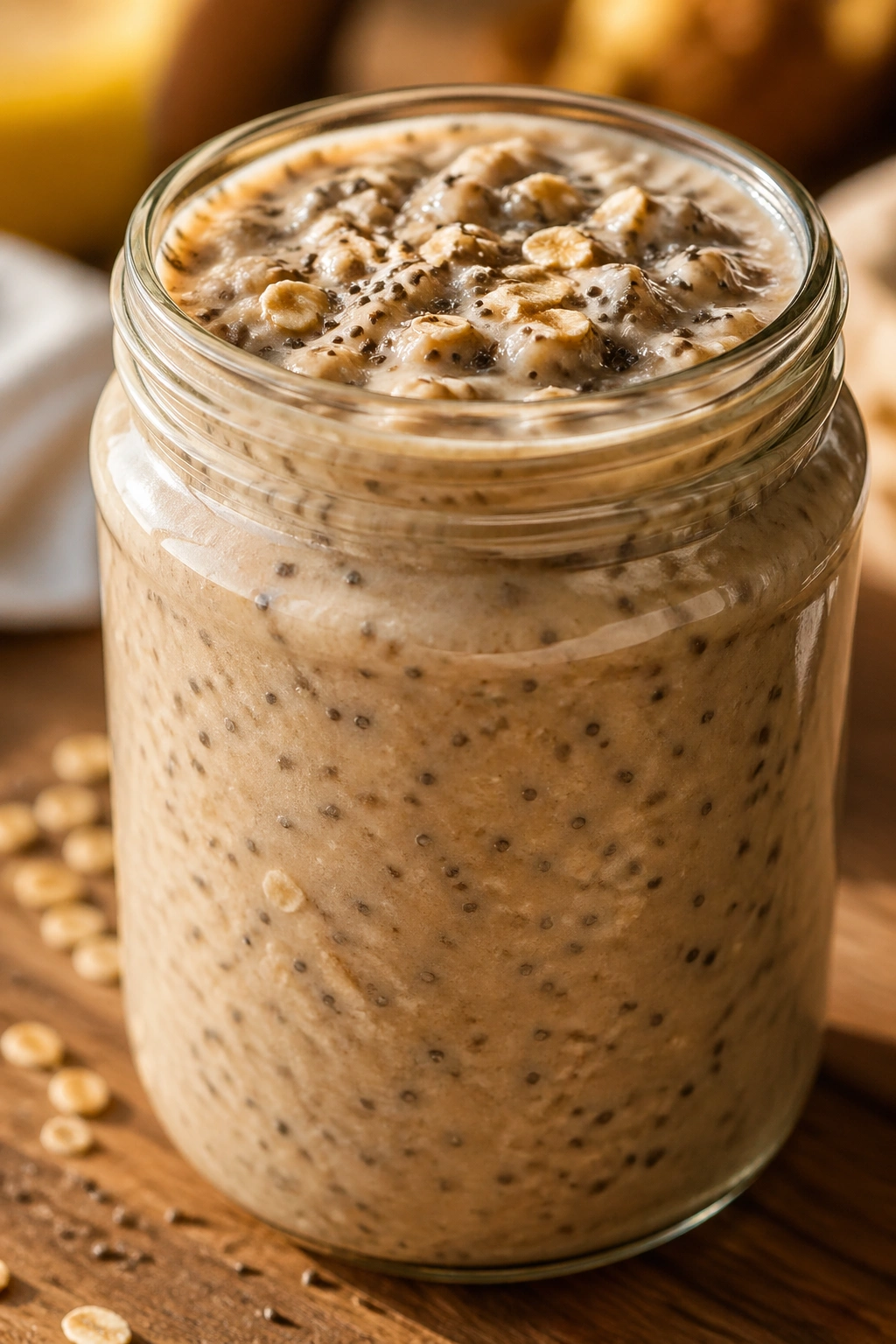 Close-up of chia oat recovery smoothie in a mason jar on a wooden table