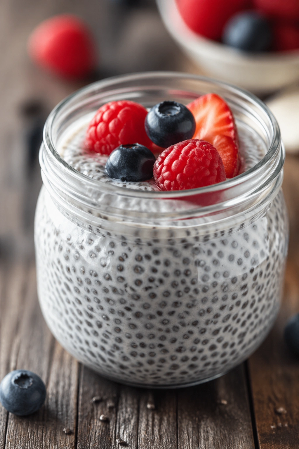 Glass jar of chia pudding with berries on a wooden table