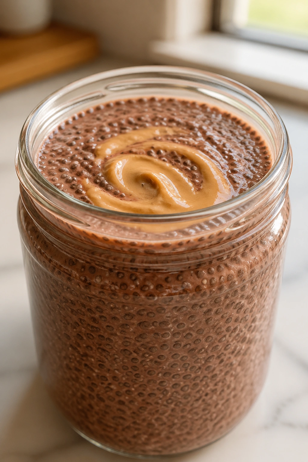Jar of cocoa chia pudding with almond butter topping