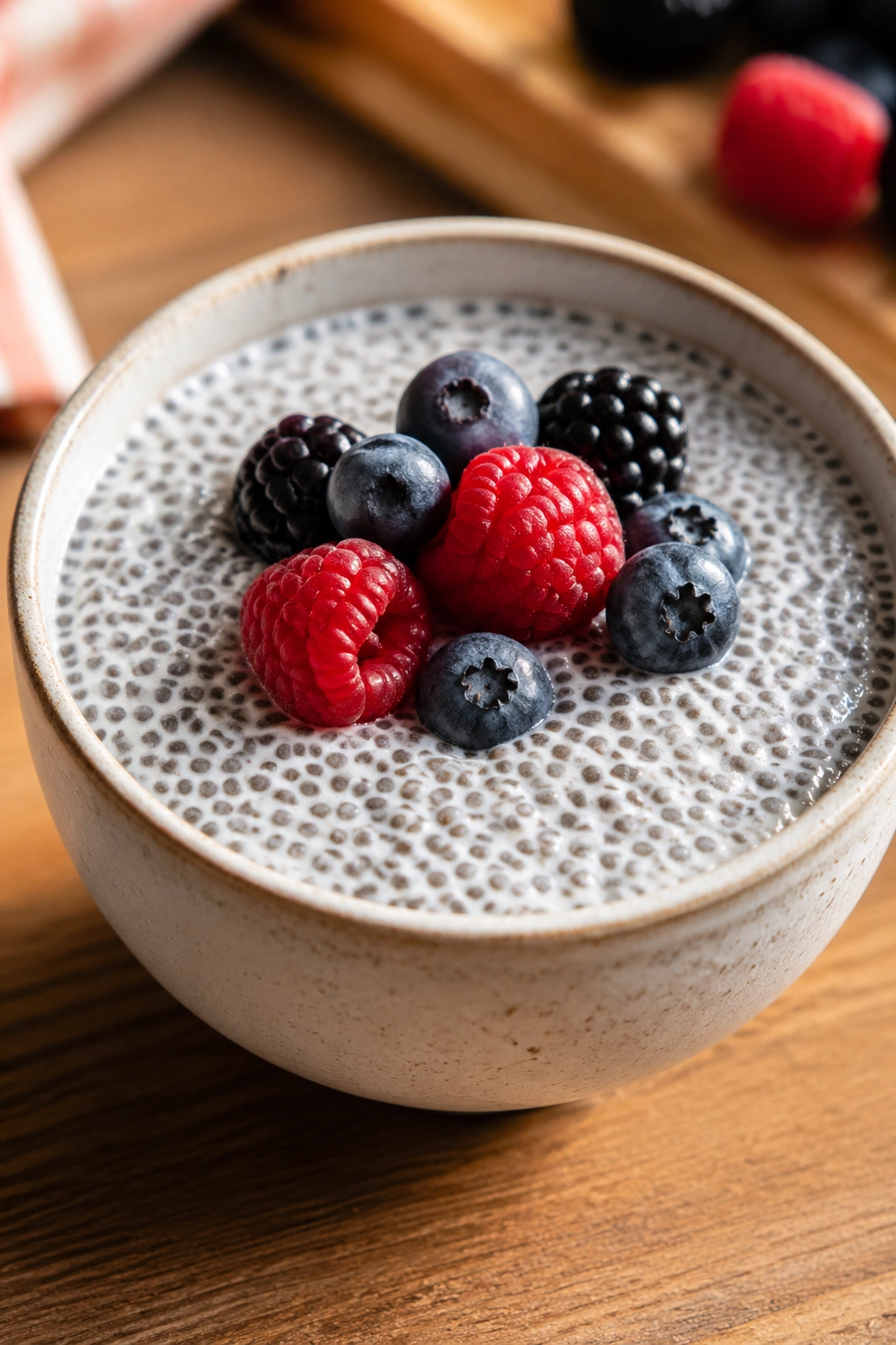 Close-up of chia pudding bowl with berries on a wooden table.