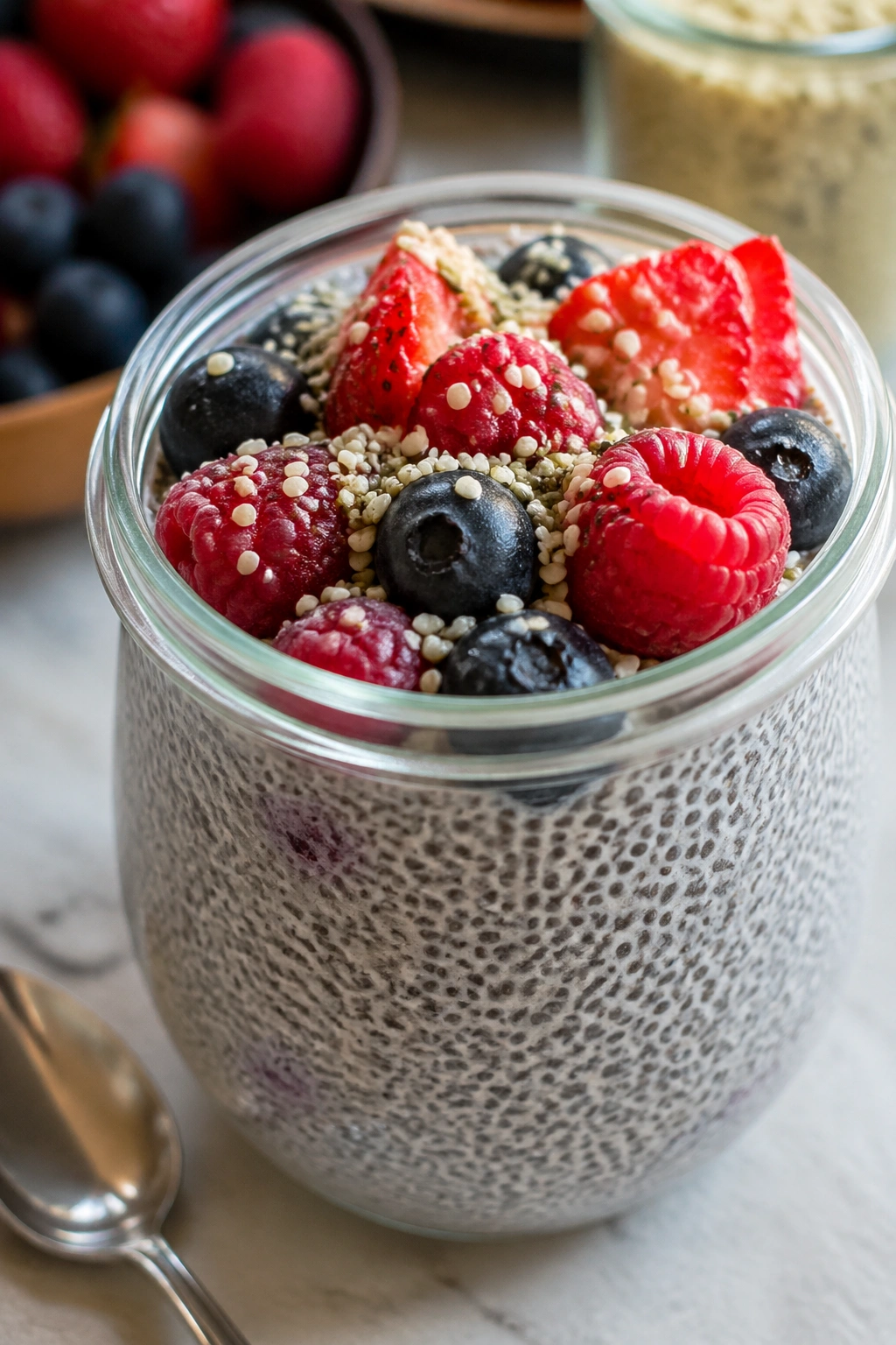 Chia pudding in a jar with berries and hemp seeds