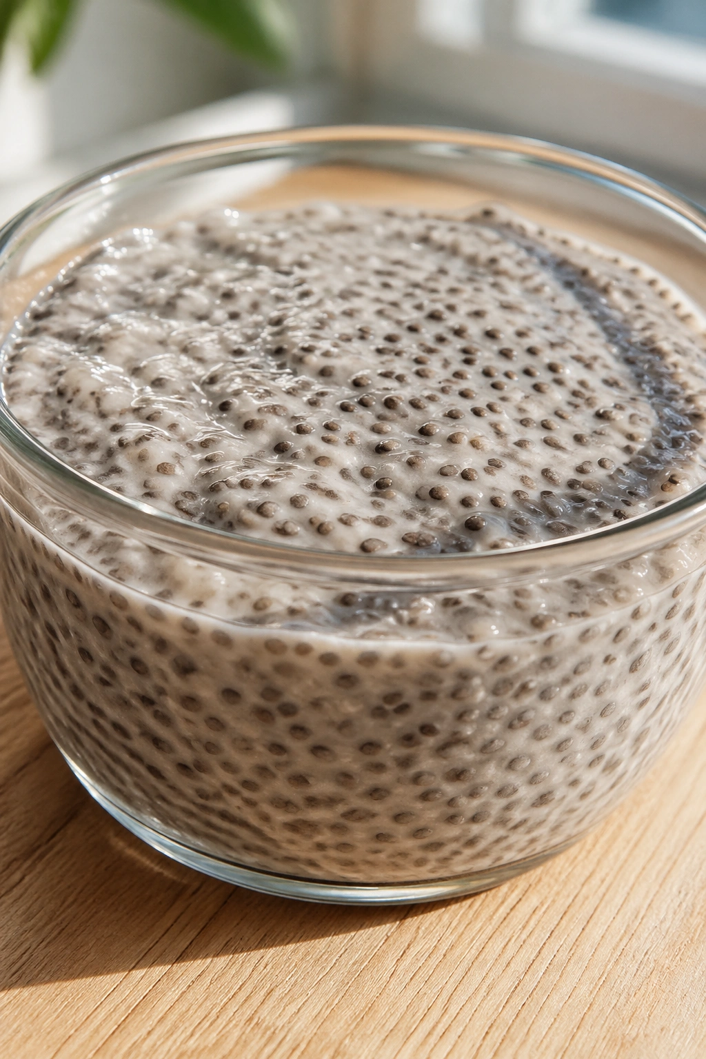 Close-up of thick chia pudding in glass bowl on a wooden table