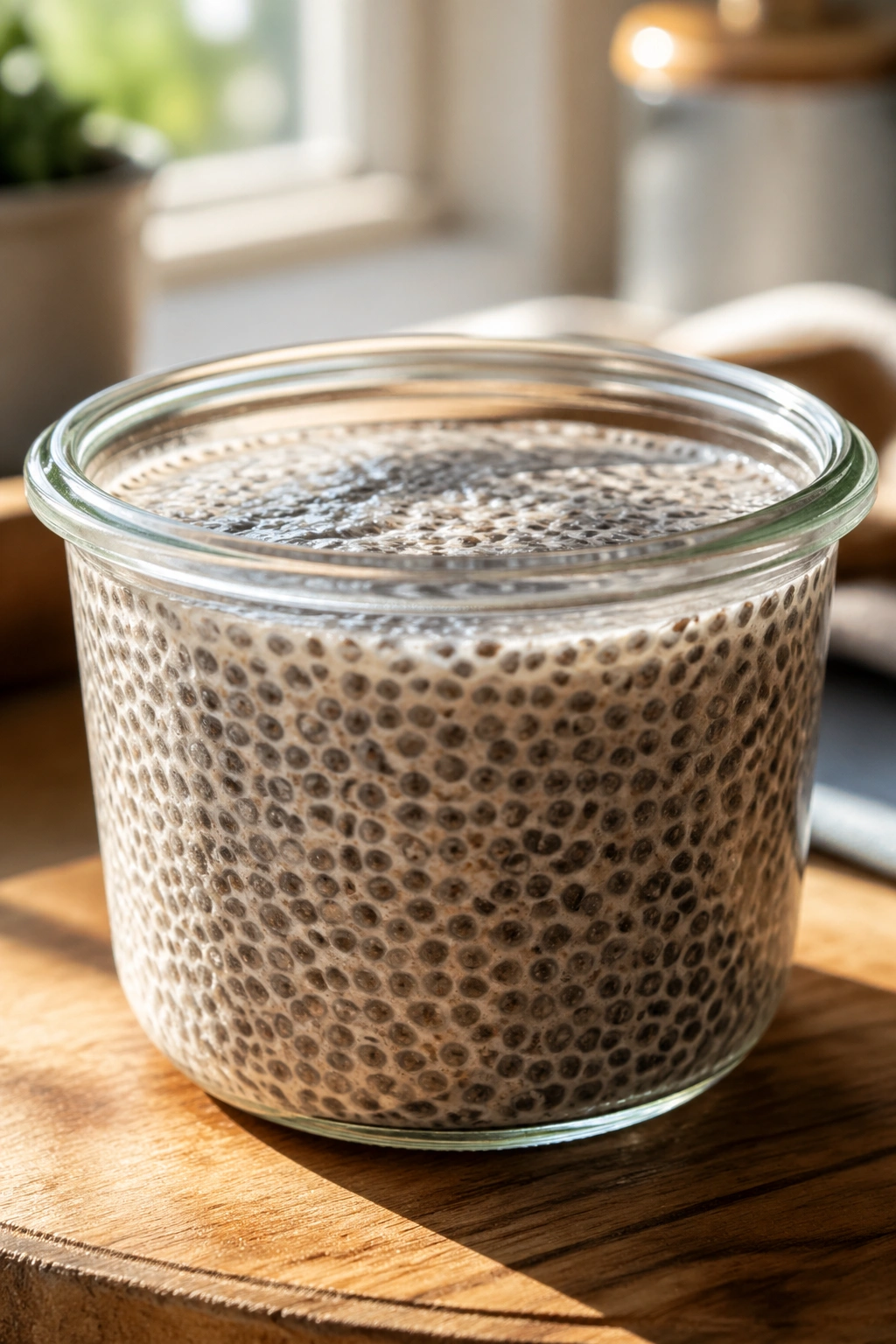Close-up of chia pudding in a glass jar on a wooden counter with morning light