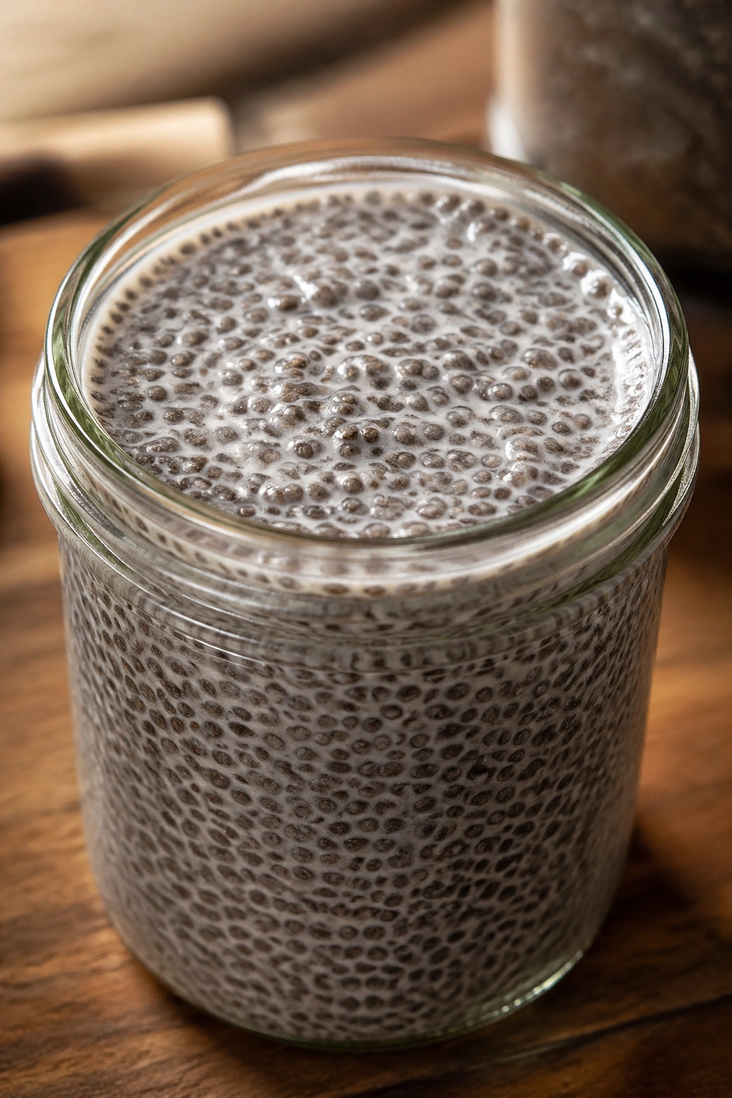 Close-up of chia pudding in a glass jar with seeds visible