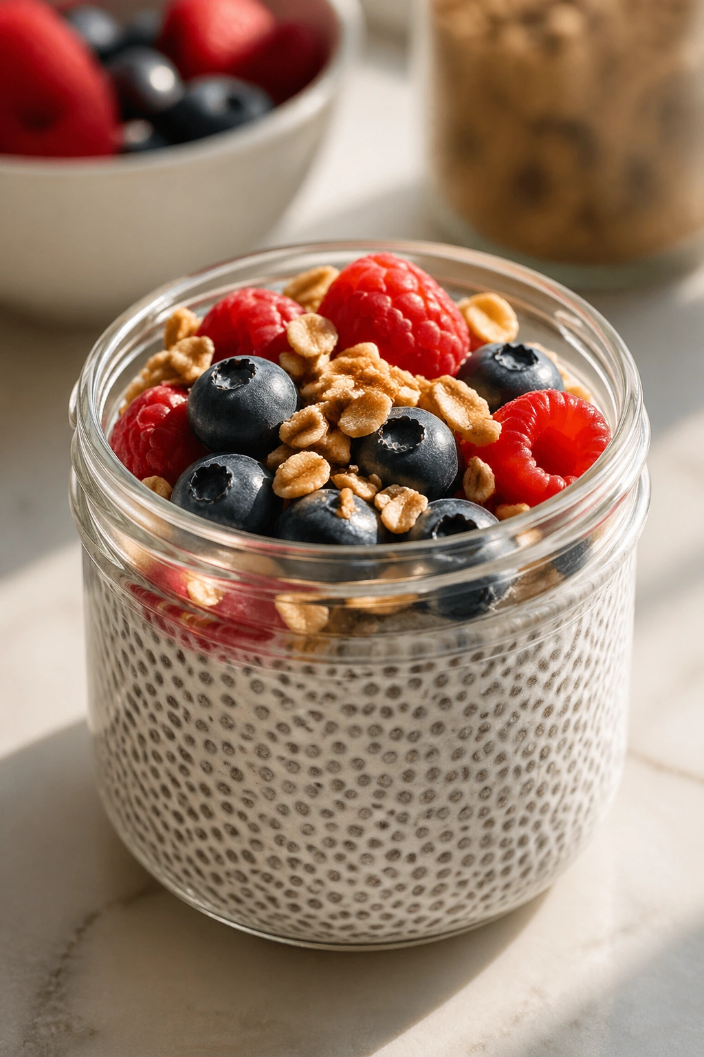 Glass jar of chia pudding with fruit and granola on a kitchen counter