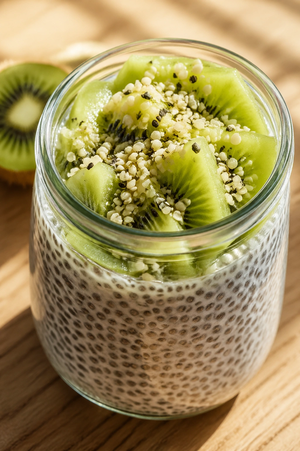 Glass jar of chia pudding topped with kiwi and hemp hearts on a sunlit table