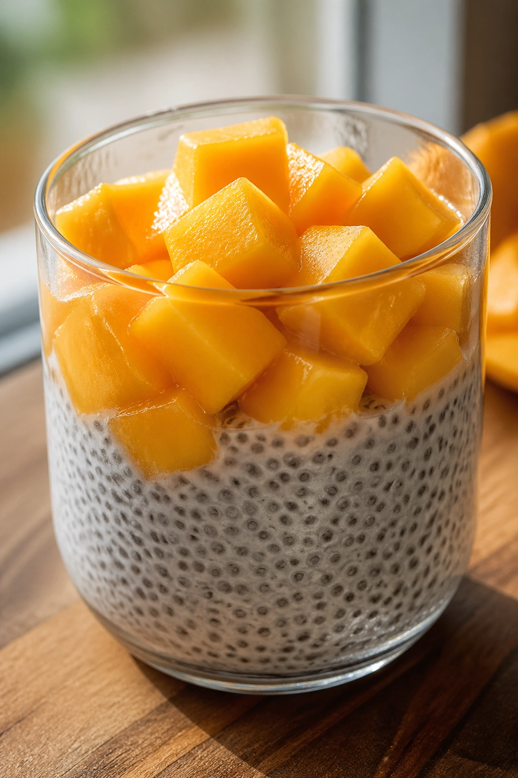 Chia pudding with mango in a small cup on a wooden surface