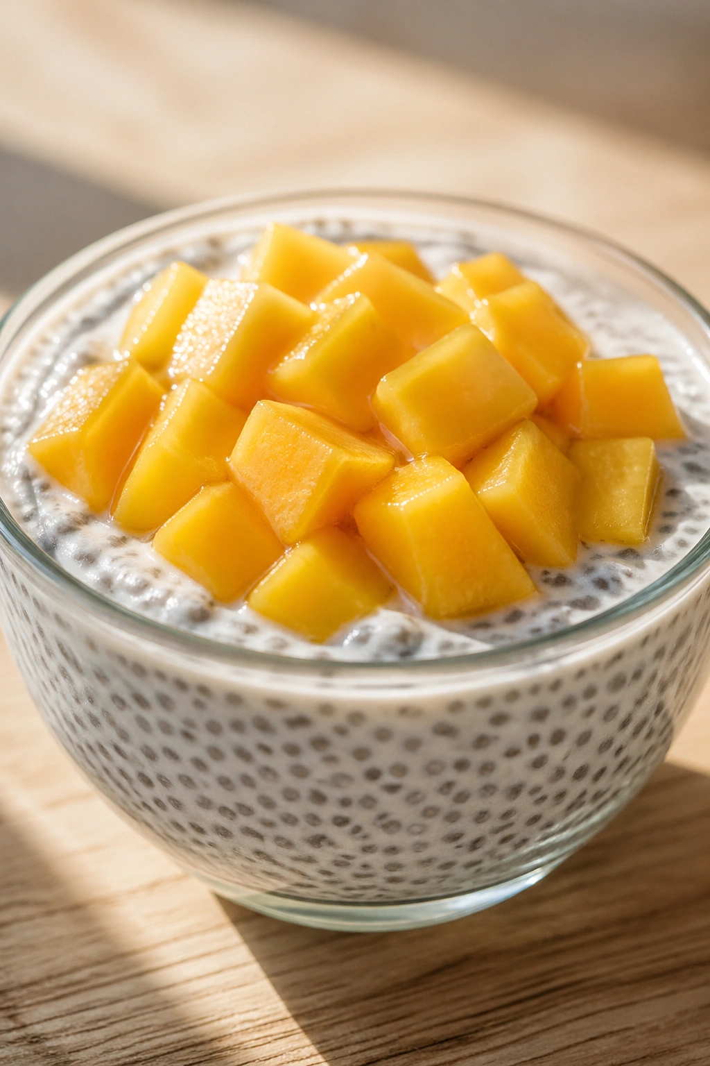 Chia pudding with mango in a glass bowl on a wooden table