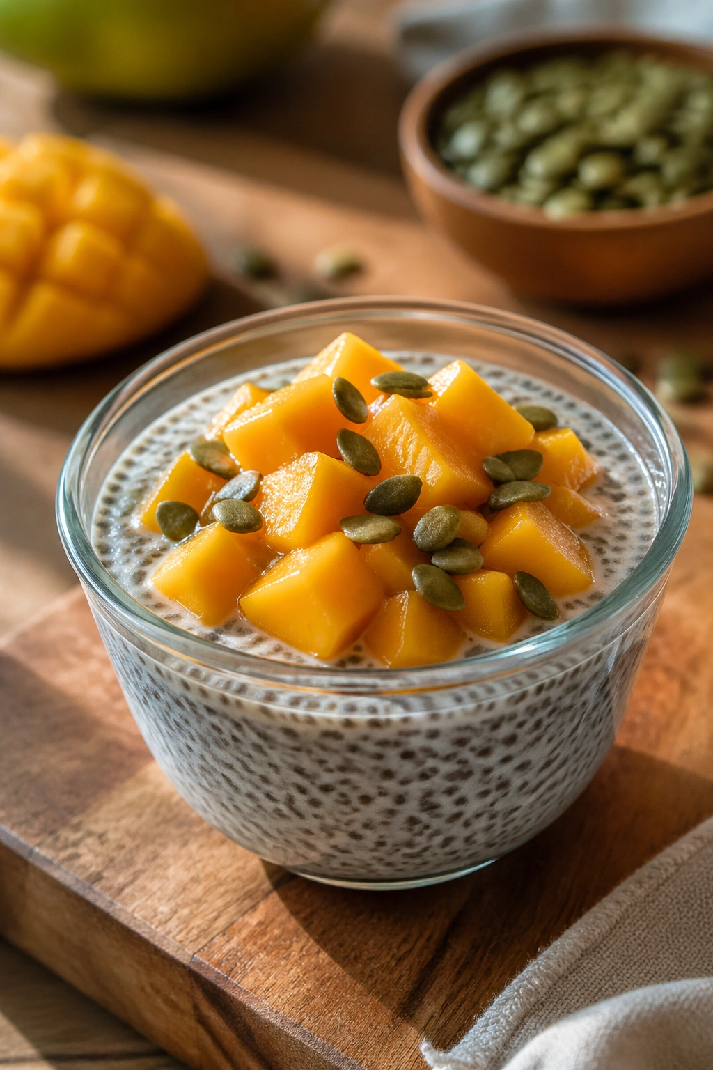 Close-up of chia pudding with mango and pumpkin seeds in a glass bowl on a wooden counter