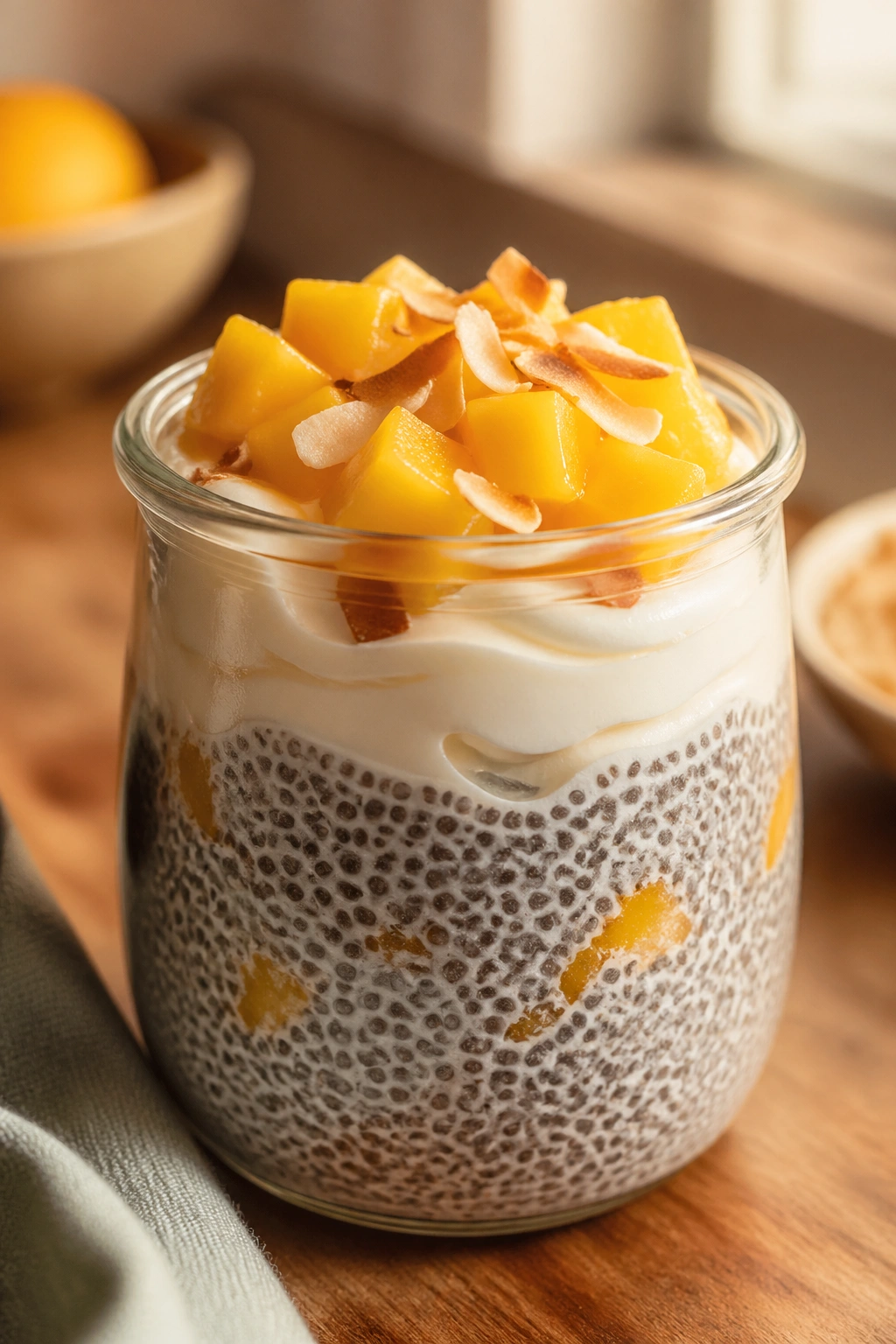 Close-up of chia pudding in a glass jar topped with skyr and mango on a warm kitchen counter