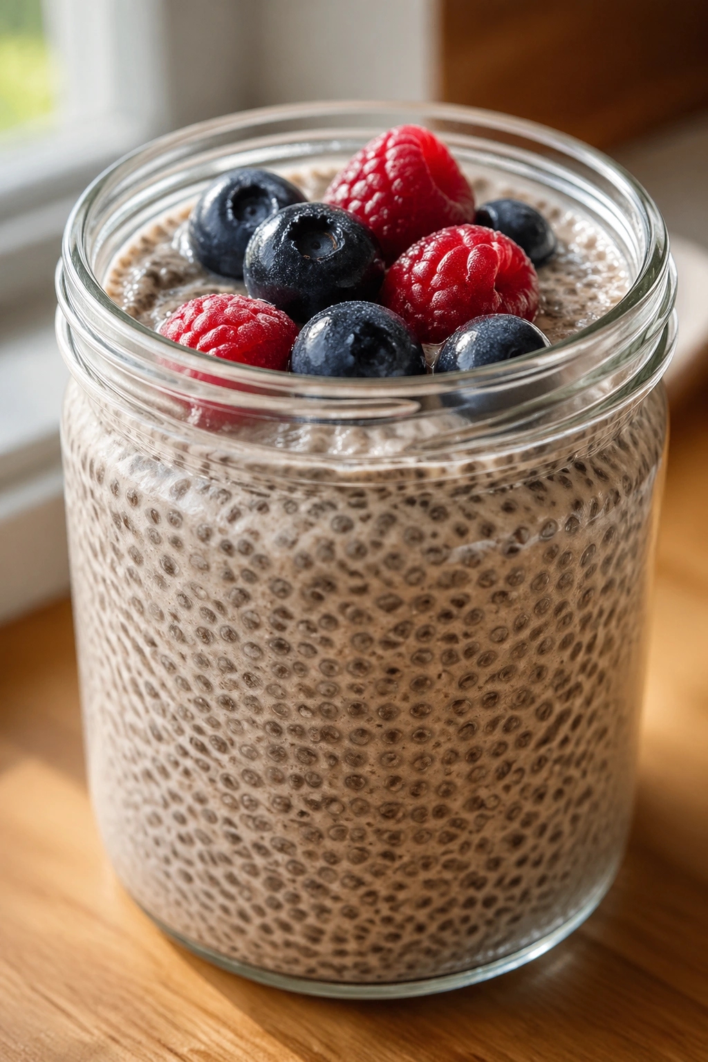 Chia pudding in a glass jar with berries on a warm kitchen counter