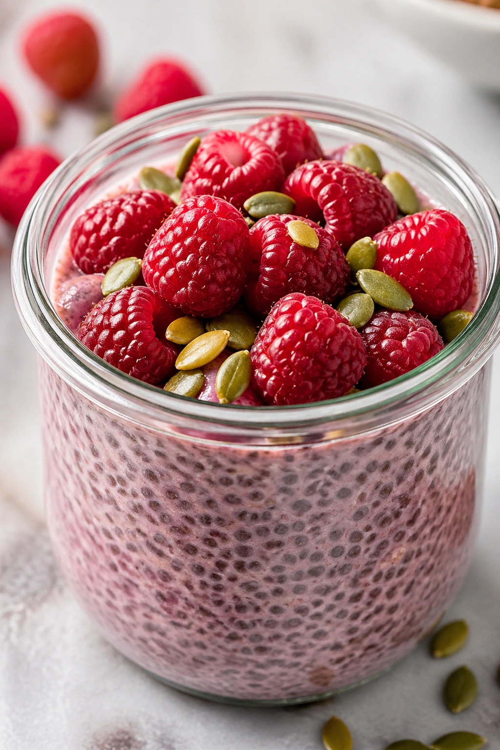 Healthy raspberry chia pudding in glass jar with raspberries and pumpkin seeds