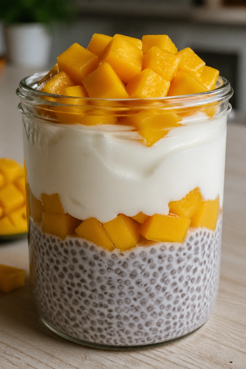 Close-up of chia pudding layered with skyr and mango in a glass jar