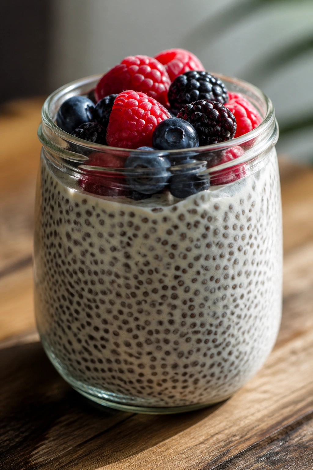 Chia pudding with berries in a glass jar