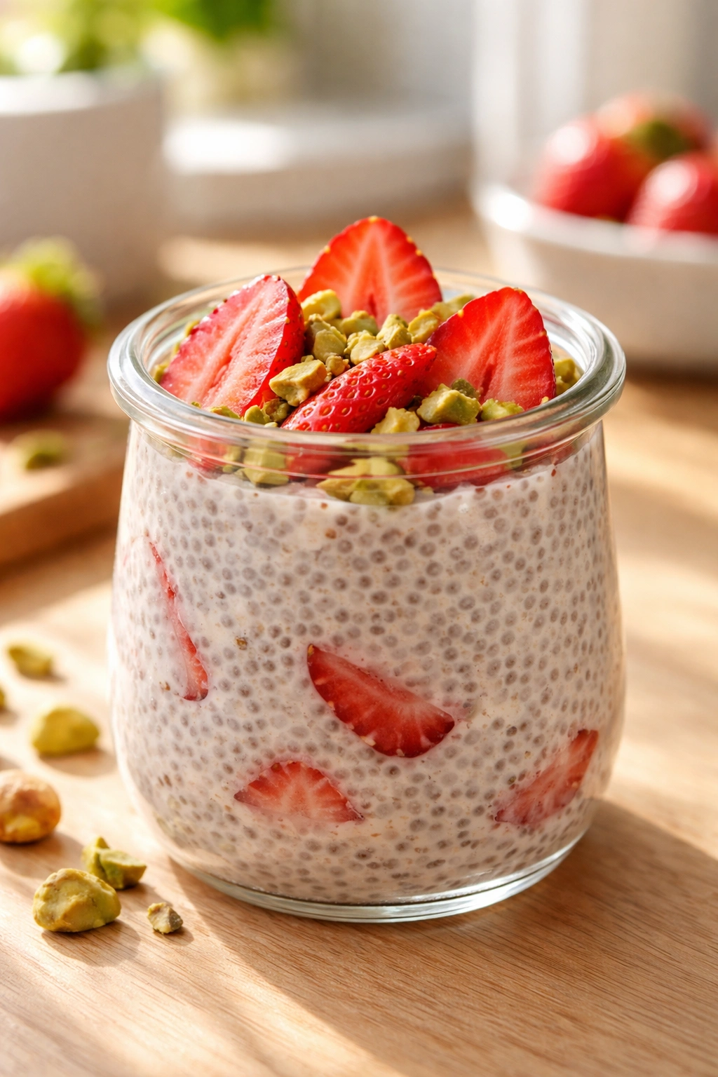 Close-up of creamy chia pudding in a glass jar topped with strawberries and pistachios, on a sunlit kitchen counter