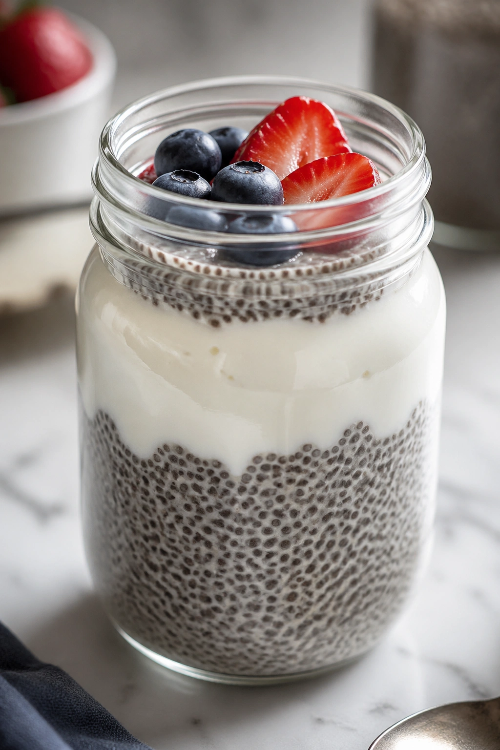 Chia pudding with yogurt in a glass jar, high-protein snack