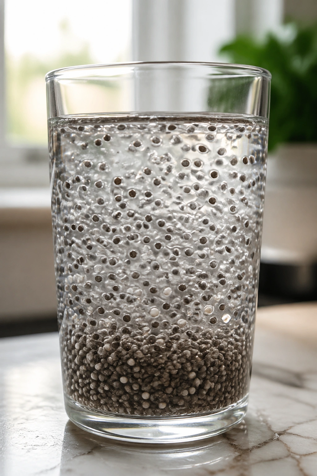 Glass of chia seed water showing gel-like coating