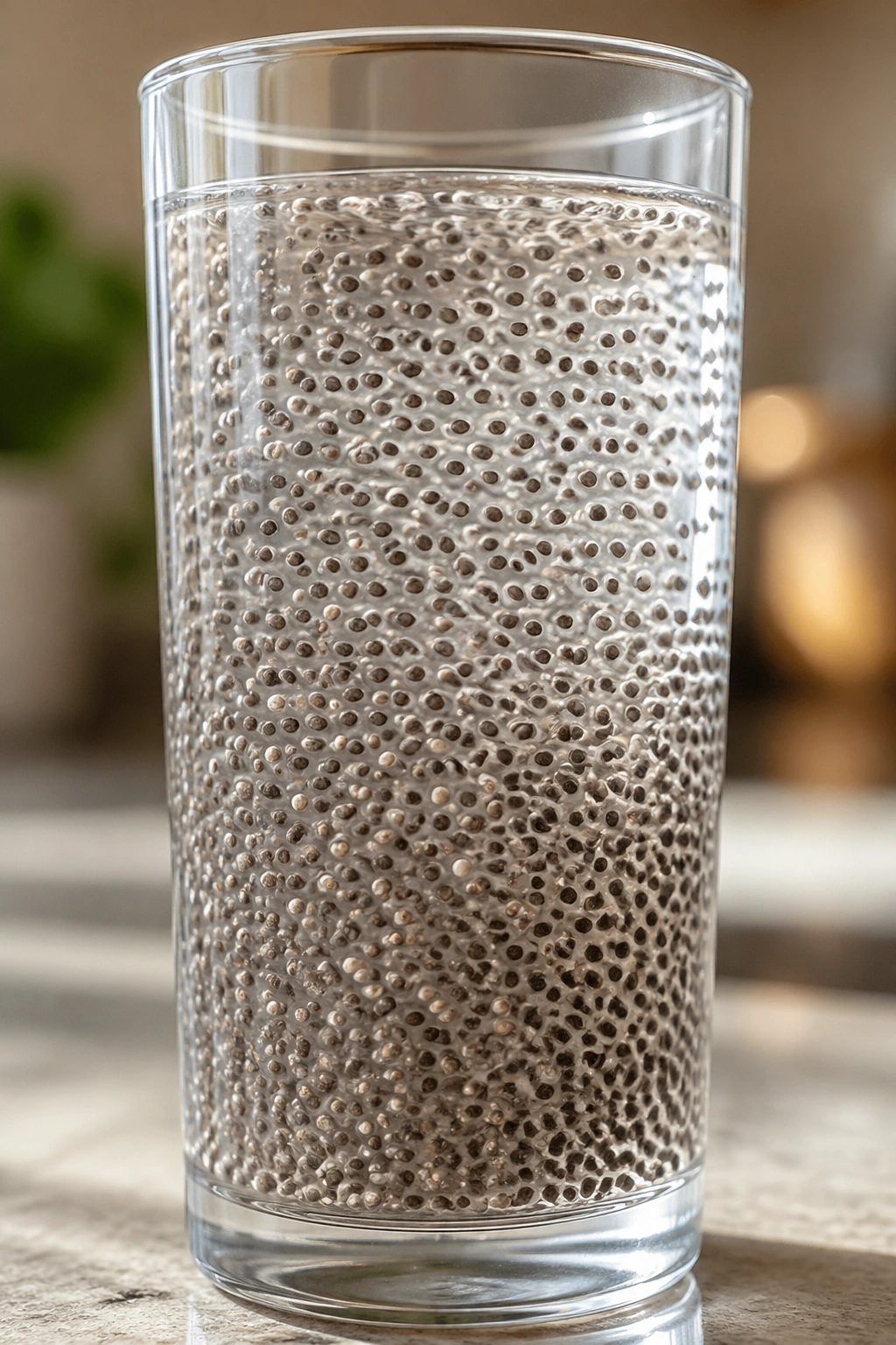 Tall glass of water with chia seeds forming gel