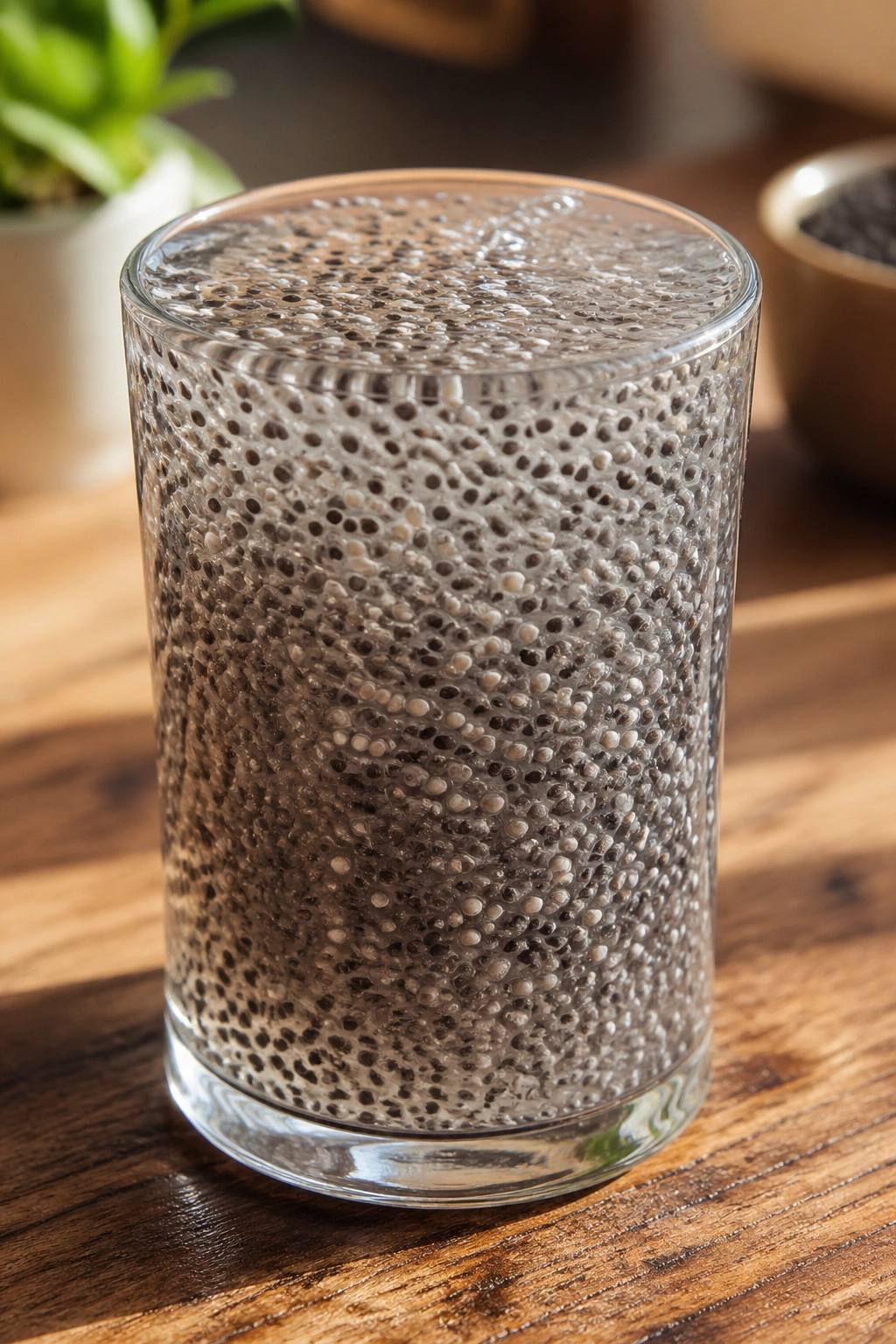 Close-up of chia seed water with gel texture in a glass on a wooden kitchen counter.