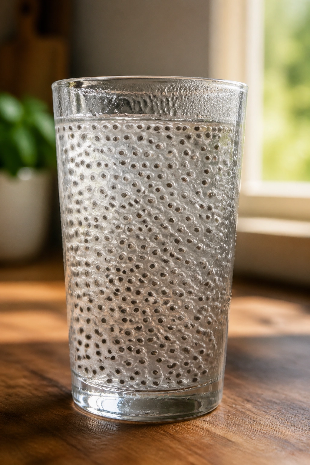 Close-up of a glass of chia seed water with swollen seeds on a wooden counter