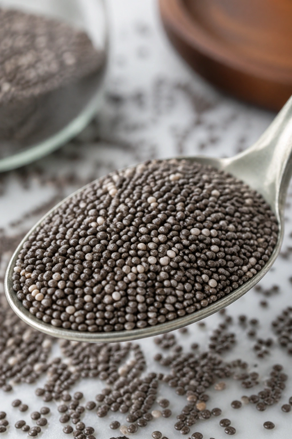 Macro close-up of chia seeds on a spoon
