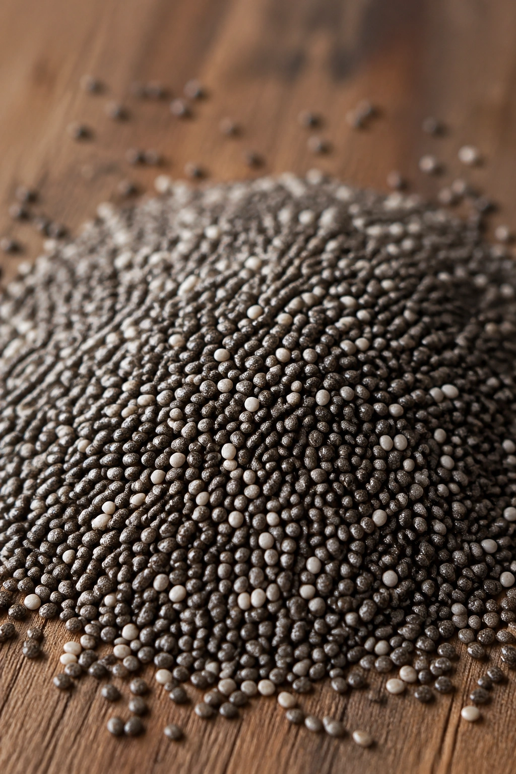 Macro close-up of chia seeds on a wooden surface
