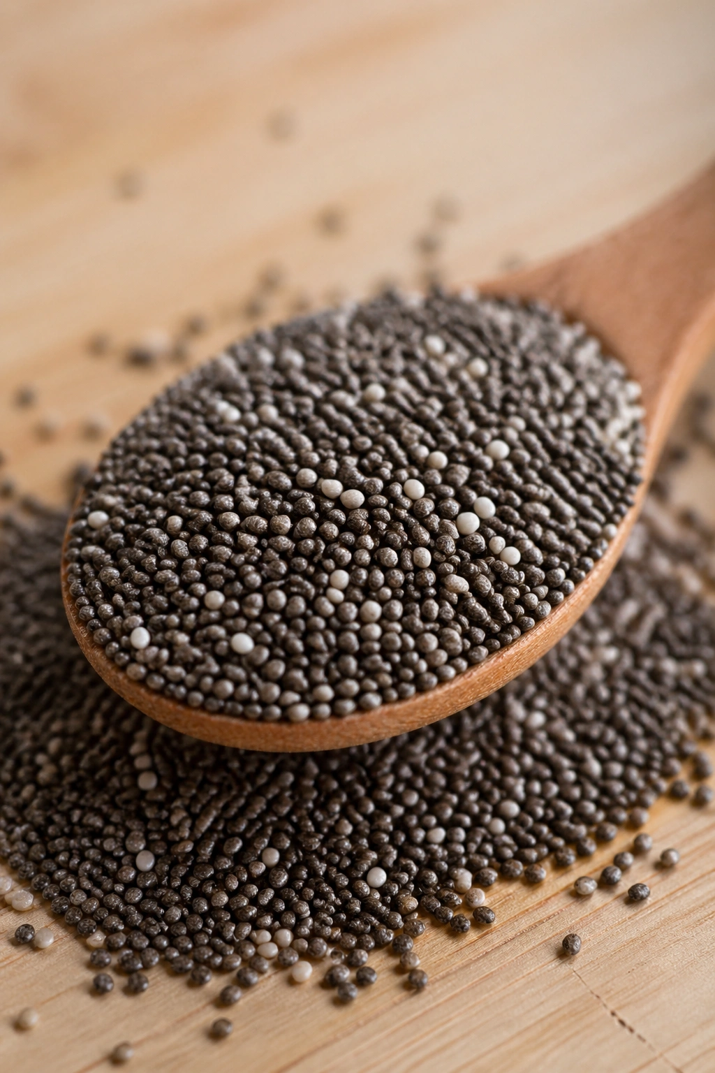 Close-up of chia seeds on a wooden surface