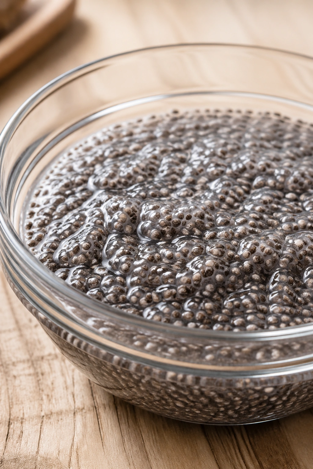 Close-up of swollen chia seeds gel in a glass bowl
