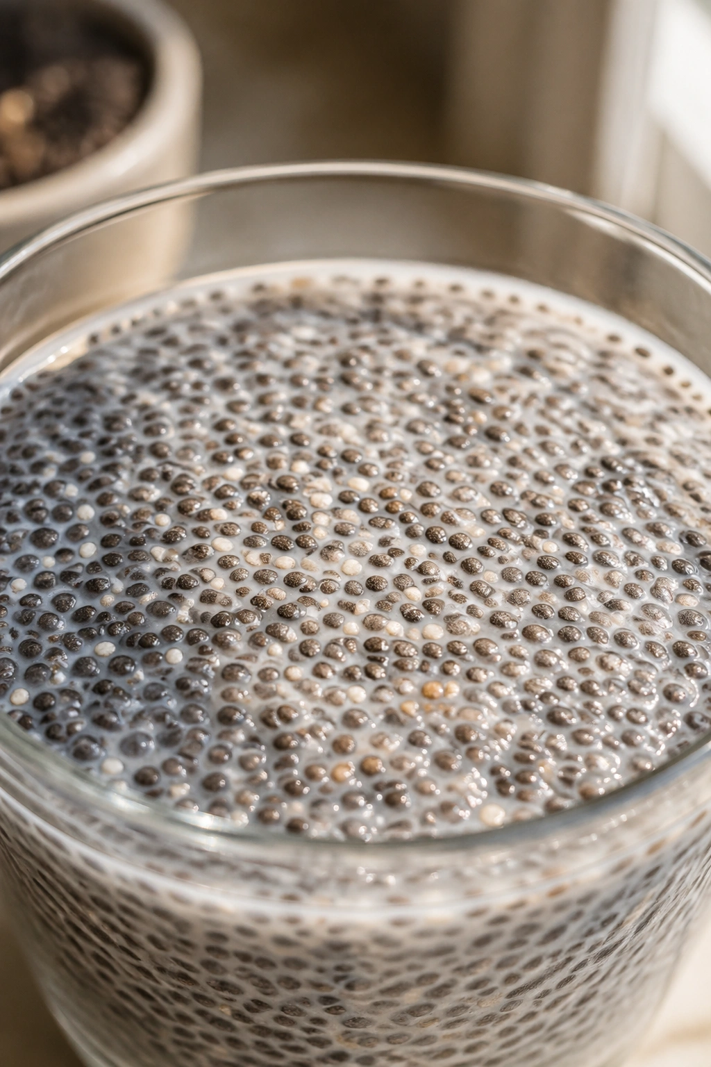 Chia seeds in a glass dish forming gel under warm light