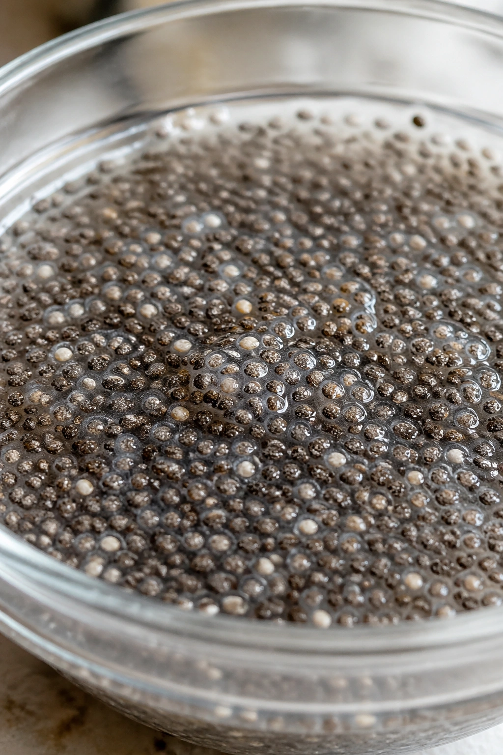 Close-up of chia seeds gel in a small glass bowl.