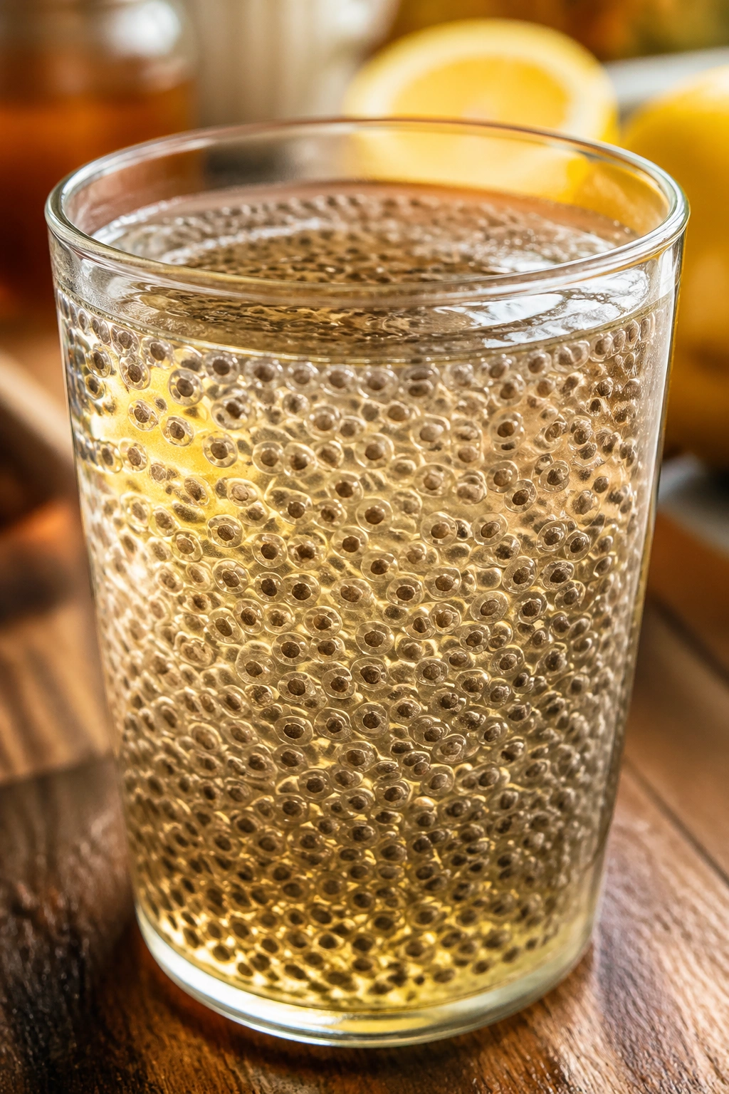 Close-up of chia hydration drink in a glass with swollen seeds on a wooden counter