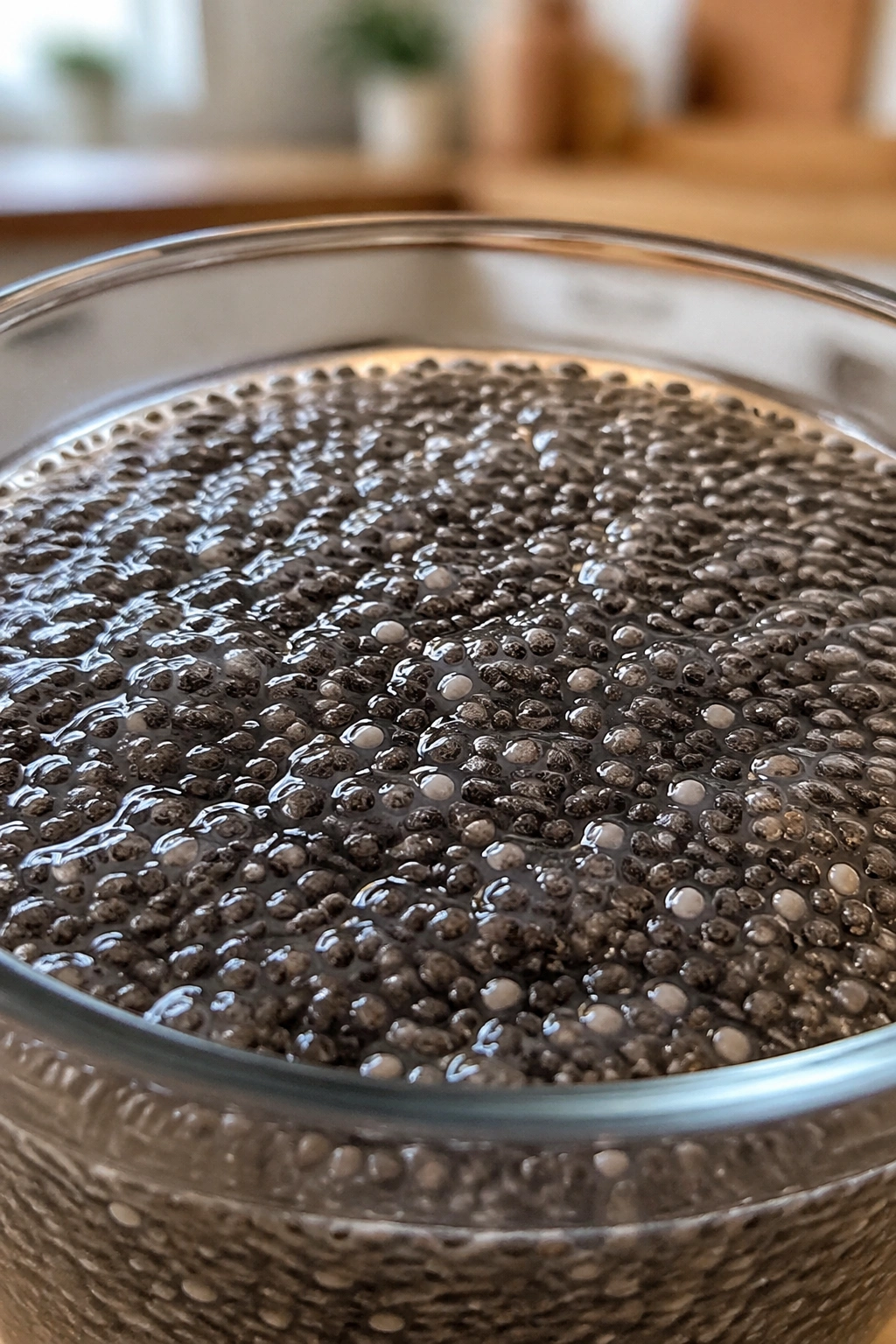 Close-up of glossy chia seeds gel in a clear bowl, forming pudding texture