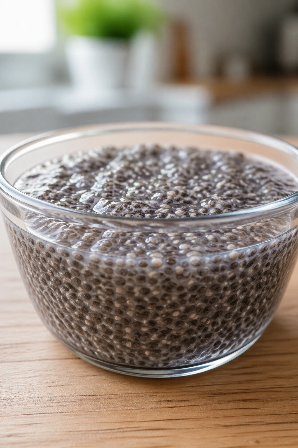 Chia pudding with visible seeds in a glass bowl