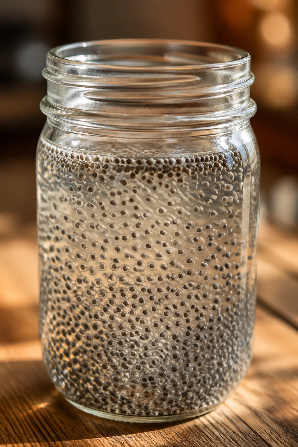 Chia gel forming in water visible in a glass jar on a wooden table