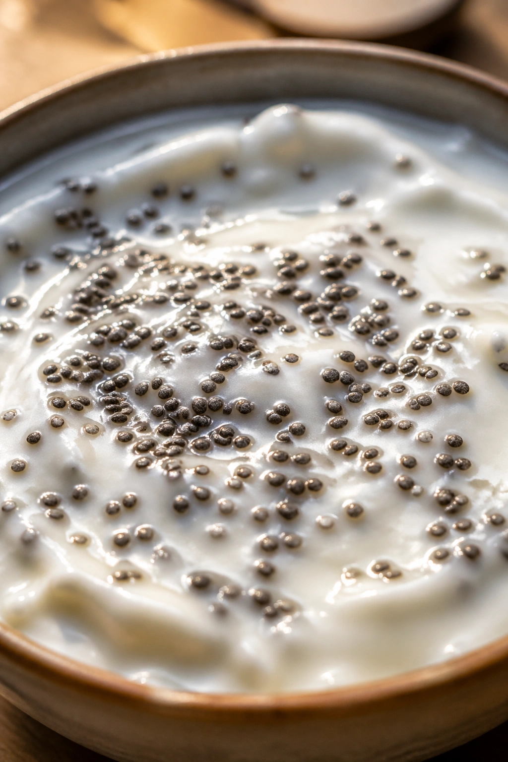 Close-up of chia seeds on creamy yogurt in a bowl