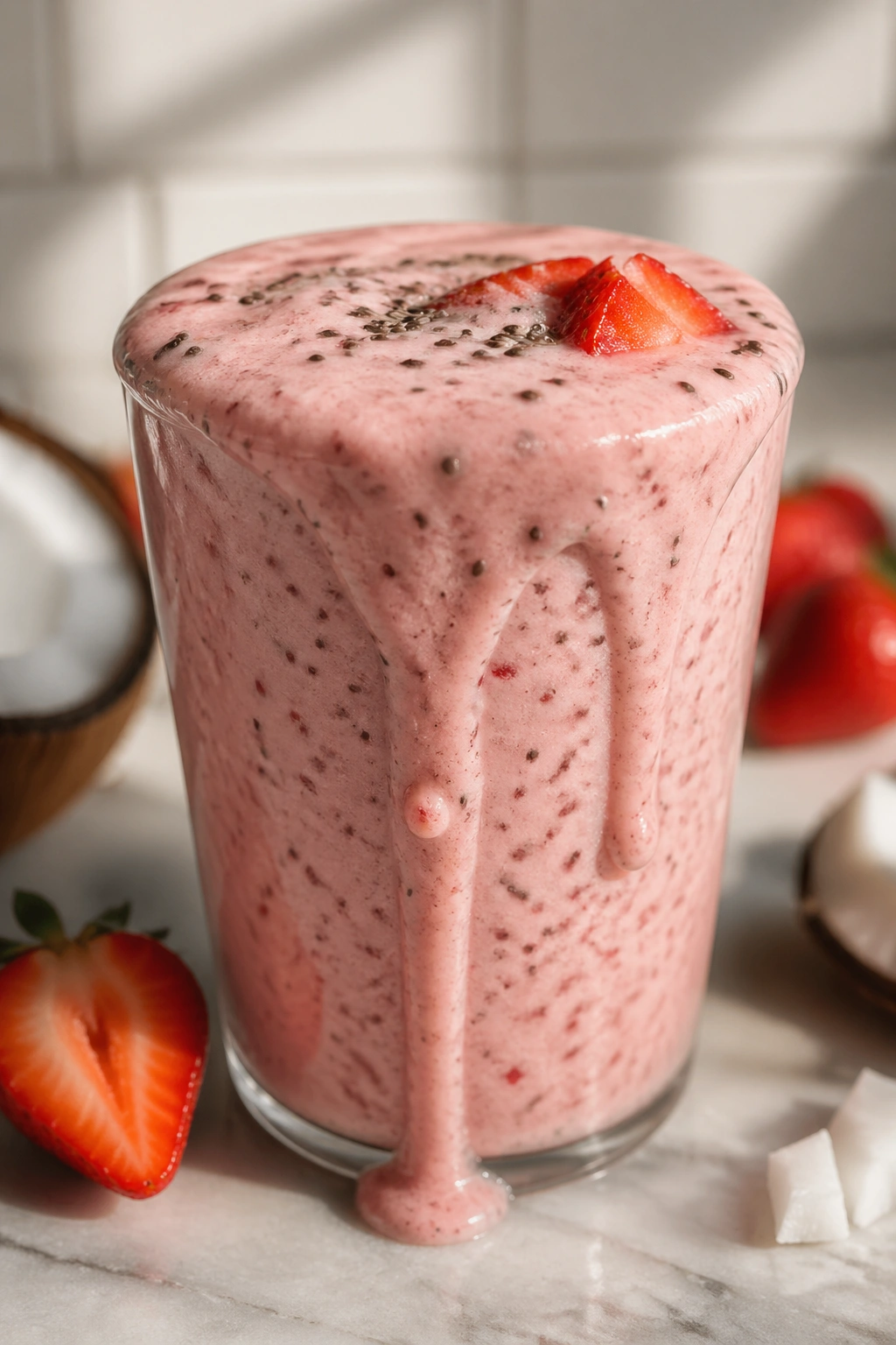 Close-up of coconut strawberry chia smoothie in a glass with chia seeds on top
