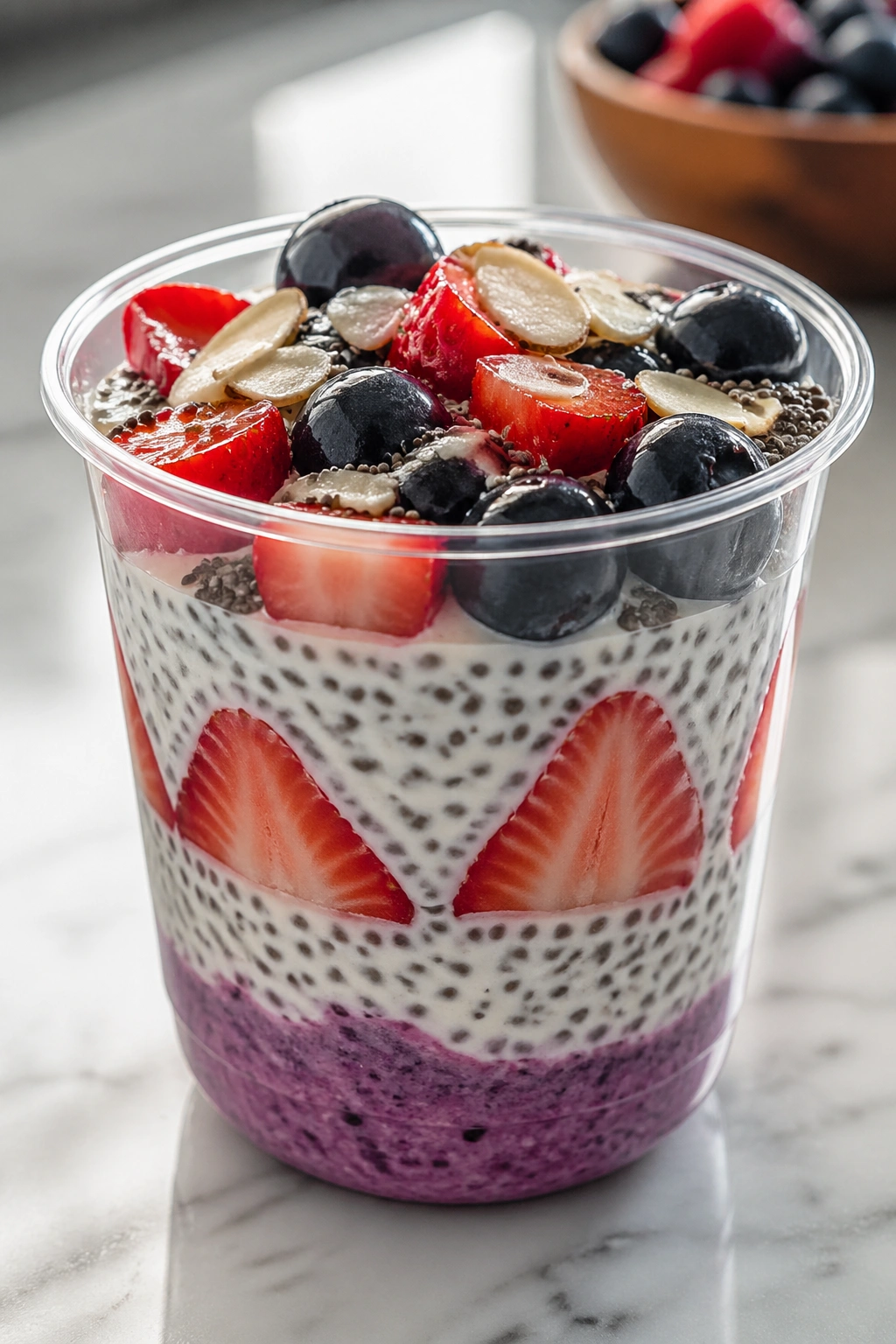 Chia yogurt snack cup with berries on a kitchen counter
