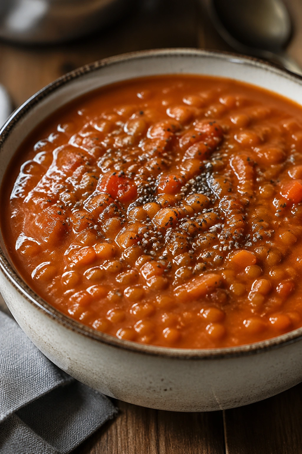 Thick tomato-lentil soup with chia finish in bowl