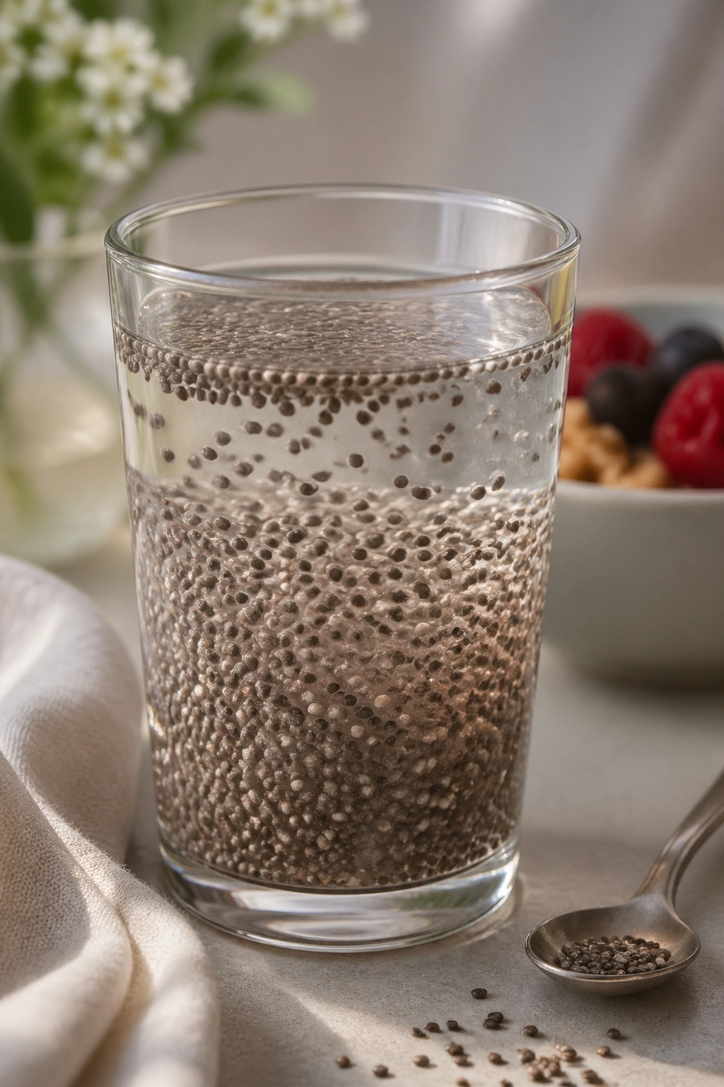 Glass of chia water with swollen chia seeds on breakfast table